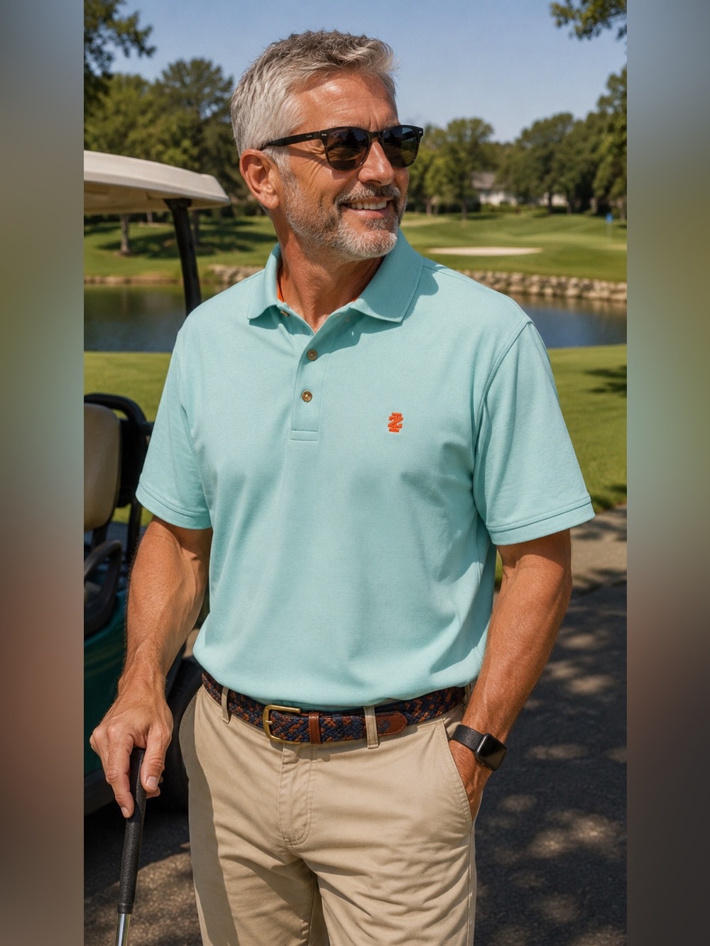 Izod Men's Aqua Polo with Orange Embroidered Logo